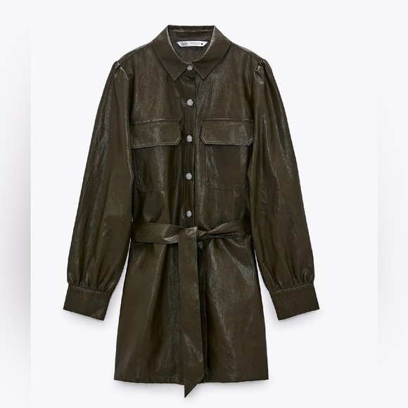 NWT ZARA Khaki Faux Leather Button Down Mini Dress - Picture 7 of 16
